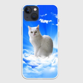 Чехол для iPhone 13 с принтом Кот в облаках в Петрозаводске,  |  | Тематика изображения на принте: animals | cat | kitty | ангел | белый кот | блики | взгляд кота | глаза кота | животные | киска | кот | котейка | котенок | котик | кошак | кошка | лучи | мордочка | небесный | небо | облака | пейзаж | питомец