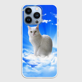 Чехол для iPhone 13 Pro с принтом Кот в облаках в Петрозаводске,  |  | Тематика изображения на принте: animals | cat | kitty | ангел | белый кот | блики | взгляд кота | глаза кота | животные | киска | кот | котейка | котенок | котик | кошак | кошка | лучи | мордочка | небесный | небо | облака | пейзаж | питомец