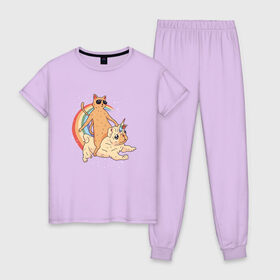 Женская пижама хлопок с принтом Кот верхом на мопсе единороге в Петрозаводске, 100% хлопок | брюки и футболка прямого кроя, без карманов, на брюках мягкая резинка на поясе и по низу штанин | Тематика изображения на принте: cat | cool cat | cute | galaxy | pug | pugs | rainbow | space | stars | бульдог | бульдожка | галактика | звезды | космический | космос | кошка | крутой кот | милые | милый | мопс | мопсик | на радуге | очки | прикол | радуга