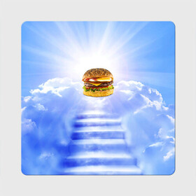 Магнит виниловый Квадрат с принтом Райский бургер в Петрозаводске, полимерный материал с магнитным слоем | размер 9*9 см, закругленные углы | food | hamburger | hot dog | ангел | блики | булка | булочка | бургер | бутерброд | вкусняшки | гамбургер | еда | котлета | лестница | лучи | небесный | небо | обжора | облака | пейзаж | природа | рай | сендвич