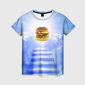 Женская футболка 3D с принтом Райский бургер в Петрозаводске, 100% полиэфир ( синтетическое хлопкоподобное полотно) | прямой крой, круглый вырез горловины, длина до линии бедер | food | hamburger | hot dog | ангел | блики | булка | булочка | бургер | бутерброд | вкусняшки | гамбургер | еда | котлета | лестница | лучи | небесный | небо | обжора | облака | пейзаж | природа | рай | сендвич