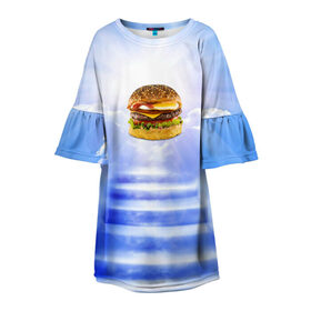 Детское платье 3D с принтом Райский бургер в Петрозаводске, 100% полиэстер | прямой силуэт, чуть расширенный к низу. Круглая горловина, на рукавах — воланы | Тематика изображения на принте: food | hamburger | hot dog | ангел | блики | булка | булочка | бургер | бутерброд | вкусняшки | гамбургер | еда | котлета | лестница | лучи | небесный | небо | обжора | облака | пейзаж | природа | рай | сендвич