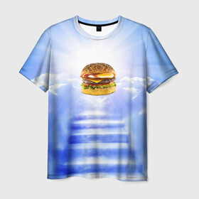 Мужская футболка 3D с принтом Райский бургер в Петрозаводске, 100% полиэфир | прямой крой, круглый вырез горловины, длина до линии бедер | food | hamburger | hot dog | ангел | блики | булка | булочка | бургер | бутерброд | вкусняшки | гамбургер | еда | котлета | лестница | лучи | небесный | небо | обжора | облака | пейзаж | природа | рай | сендвич