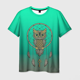Мужская футболка 3D с принтом сова ловец снов в Петрозаводске, 100% полиэфир | прямой крой, круглый вырез горловины, длина до линии бедер | арт | взгляд | градиент | знание | ключ | круг | ловец снов | масоны | мудрость | перо | птица | птичка | сова | тайна | филин