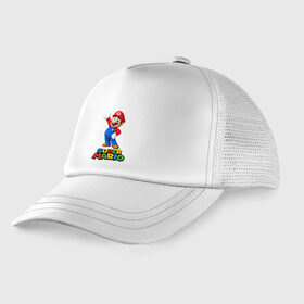 Детская кепка тракер с принтом Super Mario в Петрозаводске, Козырек - 100% хлопок. Кепка - 100% полиэстер, Задняя часть - сетка | универсальный размер, пластиковая застёжка | видеоигра | игра | марио | персонаж
