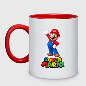 Кружка двухцветная с принтом Super Mario в Петрозаводске, керамика | объем — 330 мл, диаметр — 80 мм. Цветная ручка и кайма сверху, в некоторых цветах — вся внутренняя часть | видеоигра | игра | марио | персонаж