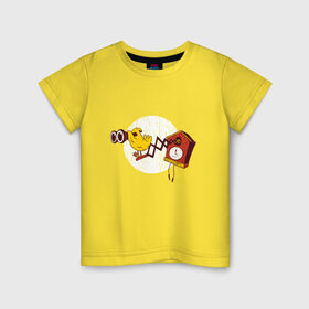 Детская футболка хлопок с принтом Кукушка с биноклем в Петрозаводске, 100% хлопок | круглый вырез горловины, полуприлегающий силуэт, длина до линии бедер | beholder | binoculars | bird | birdy | canary | caretaker | cuckoo | funny | humor | time | warden | yellow | бинокль | время | желтая | канарейка | наблюдатель | охрана | попугай | прикол | птичка | сuckoo clock | часики | часы | часы с куку