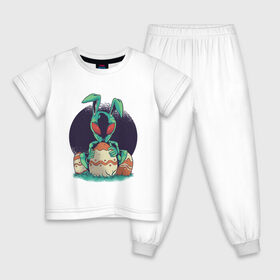 Детская пижама хлопок с принтом Пасхальный пришелец в Петрозаводске, 100% хлопок |  брюки и футболка прямого кроя, без карманов, на брюках мягкая резинка на поясе и по низу штанин
 | alien | aliens | bunny | easter | funny | humor | parody | scary | spooky | ufo | воскресе | воскресение | инопланетяне | инопланетянин | кролик | нло | пародия | пасхальное | прикол | пришельцы | раскрашенное | страшный | чужие