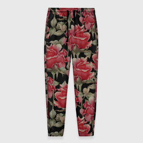 Мужские брюки 3D с принтом Красные розы на черном фоне в Петрозаводске, 100% полиэстер | манжеты по низу, эластичный пояс регулируется шнурком, по бокам два кармана без застежек, внутренняя часть кармана из мелкой сетки | Тематика изображения на принте: 8 марта | flowers | summer | ботаническая иллюстрация | весна | зеленый | красный | лето | любовь | праздник | принт | природа | растения | розы | цветы | черный