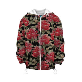 Детская куртка 3D с принтом Красные розы на черном фоне в Петрозаводске, 100% полиэстер | застежка — молния, подол и капюшон оформлены резинкой с фиксаторами, по бокам — два кармана без застежек, один потайной карман на груди, плотность верхнего слоя — 90 г/м2; плотность флисового подклада — 260 г/м2 | Тематика изображения на принте: 8 марта | flowers | summer | ботаническая иллюстрация | весна | зеленый | красный | лето | любовь | праздник | принт | природа | растения | розы | цветы | черный