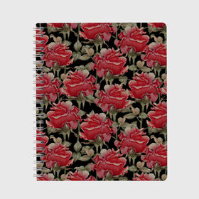 Тетрадь с принтом Красные розы на черном фоне в Петрозаводске, 100% бумага | 48 листов, плотность листов — 60 г/м2, плотность картонной обложки — 250 г/м2. Листы скреплены сбоку удобной пружинной спиралью. Уголки страниц и обложки скругленные. Цвет линий — светло-серый
 | 8 марта | flowers | summer | ботаническая иллюстрация | весна | зеленый | красный | лето | любовь | праздник | принт | природа | растения | розы | цветы | черный