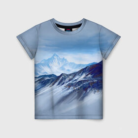 Детская футболка 3D с принтом Серо-голубые горы в Петрозаводске, 100% гипоаллергенный полиэфир | прямой крой, круглый вырез горловины, длина до линии бедер, чуть спущенное плечо, ткань немного тянется | арт | горы | живопись | кистью | краски | пейзаж | рисунок | серый