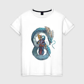Женская футболка хлопок с принтом Царь морей в Петрозаводске, 100% хлопок | прямой крой, круглый вырез горловины, длина до линии бедер, слегка спущенное плечо | dragon | magic | smoke | staff | владыка | дракон | дымка | жезл | магия