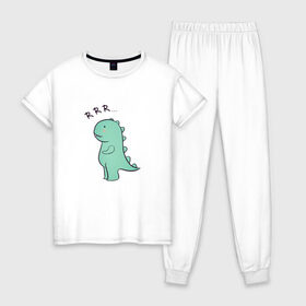 Женская пижама хлопок с принтом T-rex в Петрозаводске, 100% хлопок | брюки и футболка прямого кроя, без карманов, на брюках мягкая резинка на поясе и по низу штанин | cute | kawai | динозавр | миленький