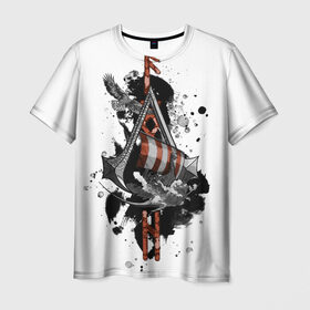 Мужская футболка 3D с принтом Assassins Creed Valhalla Тату в Петрозаводске, 100% полиэфир | прямой крой, круглый вырез горловины, длина до линии бедер | ассасинс крид | викинги | графика | драккар | корабль | орел | руны | тату