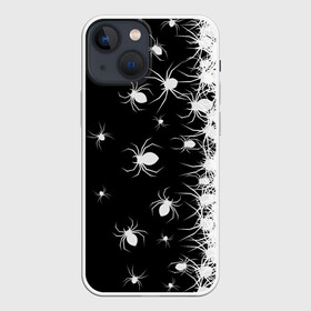 Чехол для iPhone 13 mini с принтом Пауки в Петрозаводске,  |  | black and white | dark | halloween | horror | spiders | жуки | клещ | краска | минимализм | монохромный | ночь | пауки | паутина | паучки | паучок | страшный | сумерки | темный | тьма | ужасы | уличный | хеллоуин | хоррор