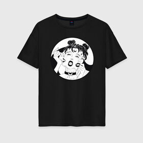 Женская футболка хлопок Oversize с принтом Dark moon в Петрозаводске, 100% хлопок | свободный крой, круглый ворот, спущенный рукав, длина до линии бедер
 | sailor moon | аниме | девушка | демон | клыки | луна | сейлор мун | суккуб | черно белый