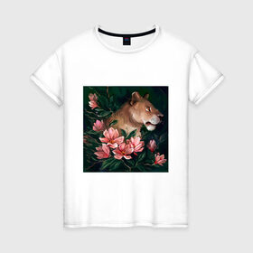 Женская футболка хлопок с принтом Львица в Петрозаводске, 100% хлопок | прямой крой, круглый вырез горловины, длина до линии бедер, слегка спущенное плечо | животное | кошка | лев | львица | природа | растения | хищник | цветы