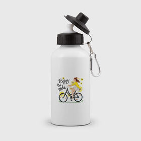 Бутылка спортивная с принтом Велосипедистка в Петрозаводске, металл | емкость — 500 мл, в комплекте две пластиковые крышки и карабин для крепления | велосипед | девушка | желтый | лето | подсолнухи | спорт
