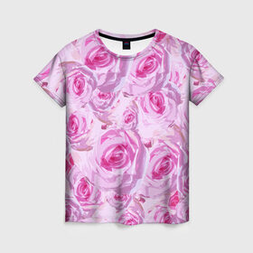 Женская футболка 3D с принтом Roses в Петрозаводске, 100% полиэфир ( синтетическое хлопкоподобное полотно) | прямой крой, круглый вырез горловины, длина до линии бедер | дизайн с розами | женственность | нежность | роза | розовый принт | розовый фон | розы | цветы