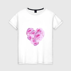 Женская футболка хлопок с принтом The Heart в Петрозаводске, 100% хлопок | прямой крой, круглый вырез горловины, длина до линии бедер, слегка спущенное плечо | нежность | роза | розовое сердце | розовый принт | розы | романтика | сердечко | сердце
