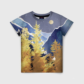 Детская футболка 3D с принтом Золотой лес в Петрозаводске, 100% гипоаллергенный полиэфир | прямой крой, круглый вырез горловины, длина до линии бедер, чуть спущенное плечо, ткань немного тянется | горы | елки | золотой | лес | луна | природа | путешественникам | путешествие