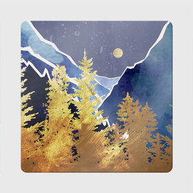 Магнит виниловый Квадрат с принтом Золотой лес в Петрозаводске, полимерный материал с магнитным слоем | размер 9*9 см, закругленные углы | горы | елки | золотой | лес | луна | природа | путешественникам | путешествие