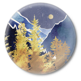 Значок с принтом Золотой лес в Петрозаводске,  металл | круглая форма, металлическая застежка в виде булавки | горы | елки | золотой | лес | луна | природа | путешественникам | путешествие