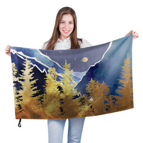 Флаг 3D с принтом Золотой лес в Петрозаводске, 100% полиэстер | плотность ткани — 95 г/м2, размер — 67 х 109 см. Принт наносится с одной стороны | горы | елки | золотой | лес | луна | природа | путешественникам | путешествие