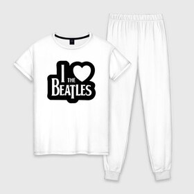 Женская пижама хлопок с принтом I love Beatles - Я люблю Битлз в Петрозаводске, 100% хлопок | брюки и футболка прямого кроя, без карманов, на брюках мягкая резинка на поясе и по низу штанин | beatles | lennon | music | rock | the | битлз | битломан | битлы | всемирный день | группа | известный | леннон | ливерпуль | любитель | люблю | любовь | маккартни | музыка | музыкант | нравится | популярный | ринго