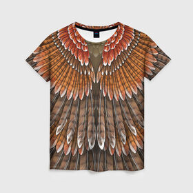 Женская футболка 3D с принтом оперение орел в Петрозаводске, 100% полиэфир ( синтетическое хлопкоподобное полотно) | прямой крой, круглый вырез горловины, длина до линии бедер | друид | индеец | коричневый | красный | оперение | оранжевый | орёл | пернатый | перо | перья | природа | птица | сова | сон