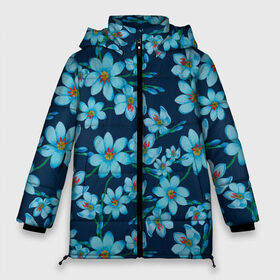 Женская зимняя куртка 3D с принтом Иксии не темно синем фоне в Петрозаводске, верх — 100% полиэстер; подкладка — 100% полиэстер; утеплитель — 100% полиэстер | длина ниже бедра, силуэт Оверсайз. Есть воротник-стойка, отстегивающийся капюшон и ветрозащитная планка. 

Боковые карманы с листочкой на кнопках и внутренний карман на молнии | 8 марта | flowers | summer | ботаническая иллюстрация | весна | иксии | лето | любовь | праздник | принт | природа | растения | синий | цветы