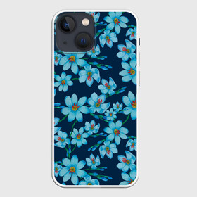 Чехол для iPhone 13 mini с принтом Иксии не темно синем фоне в Петрозаводске,  |  | 8 марта | flowers | summer | ботаническая иллюстрация | весна | иксии | лето | любовь | праздник | принт | природа | растения | синий | цветы