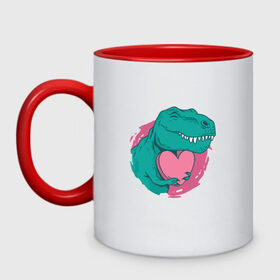 Кружка двухцветная с принтом Влюбленный динозавр T-Rex в Петрозаводске, керамика | объем — 330 мл, диаметр — 80 мм. Цветная ручка и кайма сверху, в некоторых цветах — вся внутренняя часть | Тематика изображения на принте: 14 февраля | dinosaur | heart | hearts | love | pink | t rex | valentine | valentines | валентинка | валентинов день | день влюбленных | динозавр | лав | лав ю | любовь | розовое | святой валентин | сердечки | сердце | ти рекс