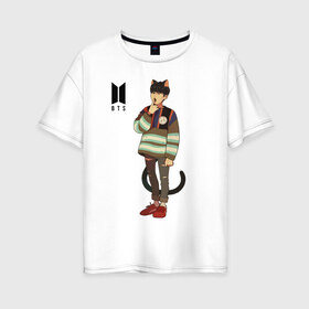Женская футболка хлопок Oversize с принтом BTS Cat в Петрозаводске, 100% хлопок | свободный крой, круглый ворот, спущенный рукав, длина до линии бедер
 | bts | k pop | kpop | rm | аниме | бтс | ви | джей хоуп | джонгук | кпоп | сюга | чимин | чин | япония