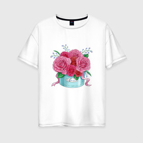 Женская футболка хлопок Oversize с принтом Букет Роз в Петрозаводске, 100% хлопок | свободный крой, круглый ворот, спущенный рукав, длина до линии бедер
 | красный | розы | тюльпаны | цветы