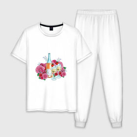 Мужская пижама хлопок с принтом Романтический пикник в Петрозаводске, 100% хлопок | брюки и футболка прямого кроя, без карманов, на брюках мягкая резинка на поясе и по низу штанин
 | винишко | еда | красный | розы | романтика | тюльпаны | цветы