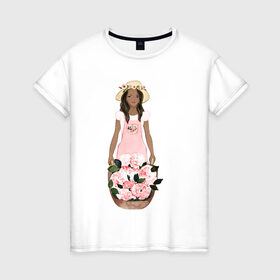 Женская футболка хлопок с принтом Девушка с корзиной тюльпанов в Петрозаводске, 100% хлопок | прямой крой, круглый вырез горловины, длина до линии бедер, слегка спущенное плечо | 8 марта | dreams | всемирный женский день | цветы