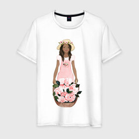 Мужская футболка хлопок с принтом Девушка с корзиной тюльпанов в Петрозаводске, 100% хлопок | прямой крой, круглый вырез горловины, длина до линии бедер, слегка спущенное плечо. | 8 марта | dreams | всемирный женский день | цветы