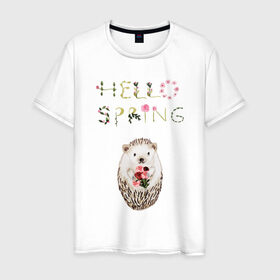 Мужская футболка хлопок с принтом Hello Spring! в Петрозаводске, 100% хлопок | прямой крой, круглый вырез горловины, длина до линии бедер, слегка спущенное плечо. | 8 марта | dreams | всемирный женский день | ежик | иголки | цветы