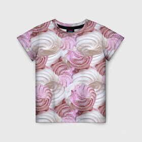 Детская футболка 3D с принтом Зефир белый и розовый в Петрозаводске, 100% гипоаллергенный полиэфир | прямой крой, круглый вырез горловины, длина до линии бедер, чуть спущенное плечо, ткань немного тянется | валентинов день | влюбленные | зефир | любовь | пирожное | романтика | сладости