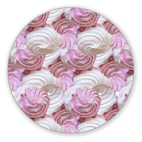 Коврик для мышки круглый с принтом Зефир белый и розовый в Петрозаводске, резина и полиэстер | круглая форма, изображение наносится на всю лицевую часть | валентинов день | влюбленные | зефир | любовь | пирожное | романтика | сладости