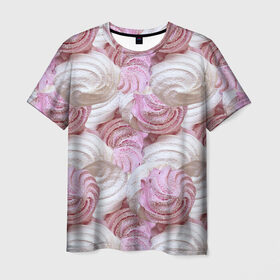 Мужская футболка 3D с принтом Зефир белый и розовый в Петрозаводске, 100% полиэфир | прямой крой, круглый вырез горловины, длина до линии бедер | валентинов день | влюбленные | зефир | любовь | пирожное | романтика | сладости