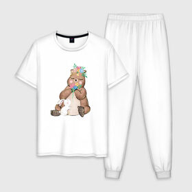 Мужская пижама хлопок с принтом Медведица в Петрозаводске, 100% хлопок | брюки и футболка прямого кроя, без карманов, на брюках мягкая резинка на поясе и по низу штанин
 | мама | медвежонок | цветы