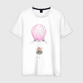 Мужская футболка хлопок с принтом Девочка на воздушном шаре в Петрозаводске, 100% хлопок | прямой крой, круглый вырез горловины, длина до линии бедер, слегка спущенное плечо. | 8 марта | dreams | всемирный женский день | цветы