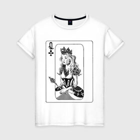 Женская футболка хлопок с принтом Дама треф в Петрозаводске, 100% хлопок | прямой крой, круглый вырез горловины, длина до линии бедер, слегка спущенное плечо | clover | queen | дама треф | карты | королева | крести