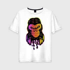 Женская футболка хлопок Oversize с принтом Горилла с наушниками в Петрозаводске, 100% хлопок | свободный крой, круглый ворот, спущенный рукав, длина до линии бедер
 | горилла | градиент | животные | злой | музыка | наушники | обезьяна | хипстер