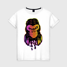 Женская футболка хлопок с принтом Горилла с наушниками в Петрозаводске, 100% хлопок | прямой крой, круглый вырез горловины, длина до линии бедер, слегка спущенное плечо | горилла | градиент | животные | злой | музыка | наушники | обезьяна | хипстер