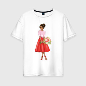 Женская футболка хлопок Oversize с принтом К свиданию готова! в Петрозаводске, 100% хлопок | свободный крой, круглый ворот, спущенный рукав, длина до линии бедер
 | букет | девушка | красный | цветы