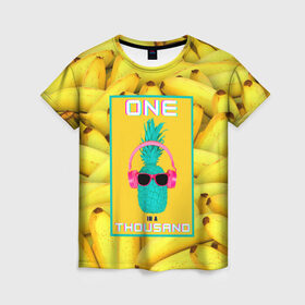 Женская футболка 3D с принтом Крутой ананас в Петрозаводске, 100% полиэфир ( синтетическое хлопкоподобное полотно) | прямой крой, круглый вырез горловины, длина до линии бедер | 3d | tegunvteg | ананас | бананы | бирюзовый | единственный | желтый | надпись | наушники | один | один на тысячу | одна на тысячу | очки | полная запечатка | розовый | самовыражение